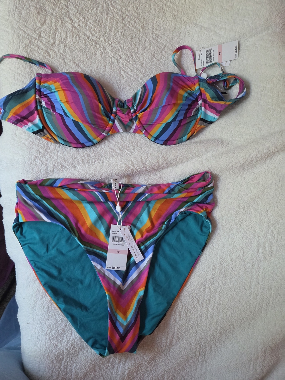 NWT Trina Turk Multicolor Striped Bikini Set - Teal & Rainbow Stripes